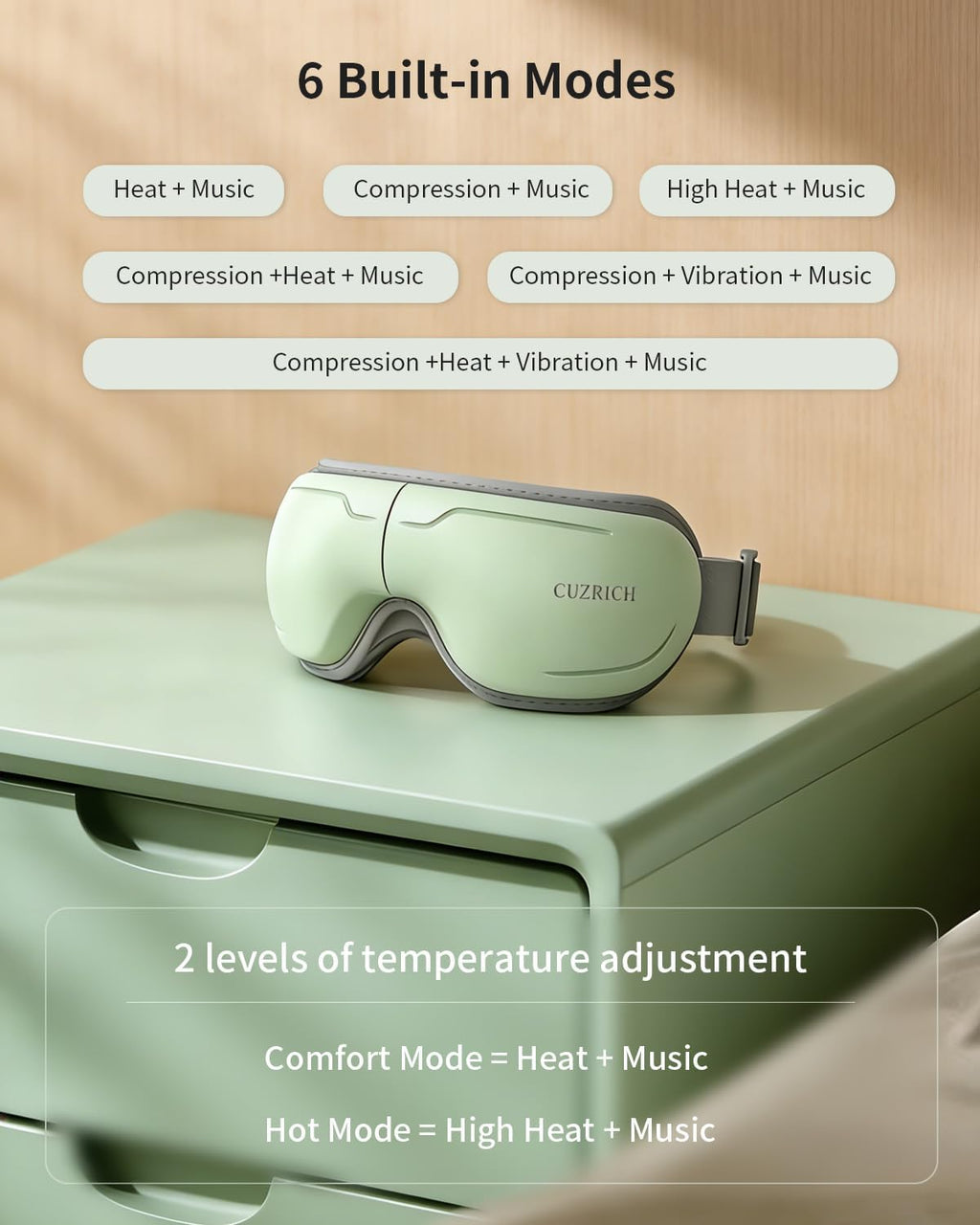 Eye Massager with Heat and Compression - Avocado Green Heated Eye Mask with Vibration, Bluetooth Music, 6 Modes, Rechargeable 1200mAh Battery for Eye Strain, Dry Eyes, Migraines Relief