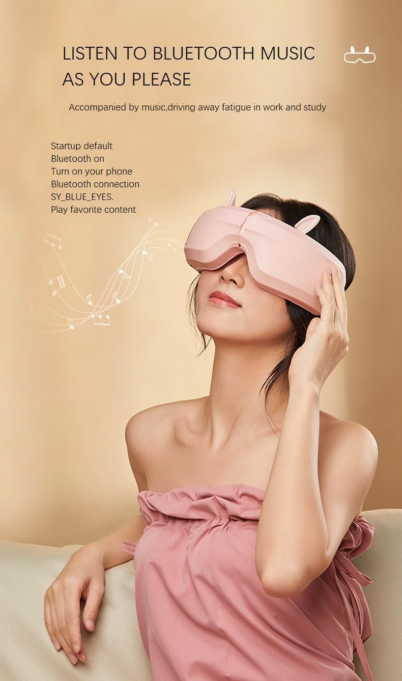 Eye Massager with Airbag Kneading,Constant Temperature Hot Compress, Multi-Frequency Vibration and Bluetooth Music (Rabbit-Pink, Large)
