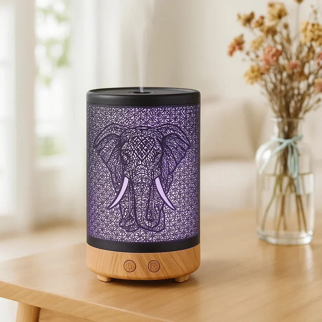 Elephant Metal Ultrasonic Humidifying Essential Oil Diffuser – 100ml, Safari Shadow Patterns, 7 LED Colors