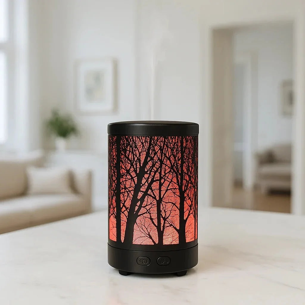 Forest Metal Ultrasonic Humidifying Essential Oil Diffuser – 100ml, Woodland Shadow Patterns, 7 LED Colors