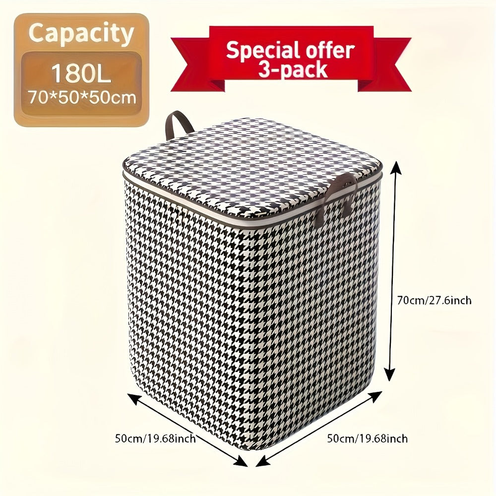 Four-Piece Houndstooth Fabric Storage Box Set with Handles, Double Zippers and Black-and-White Pattern