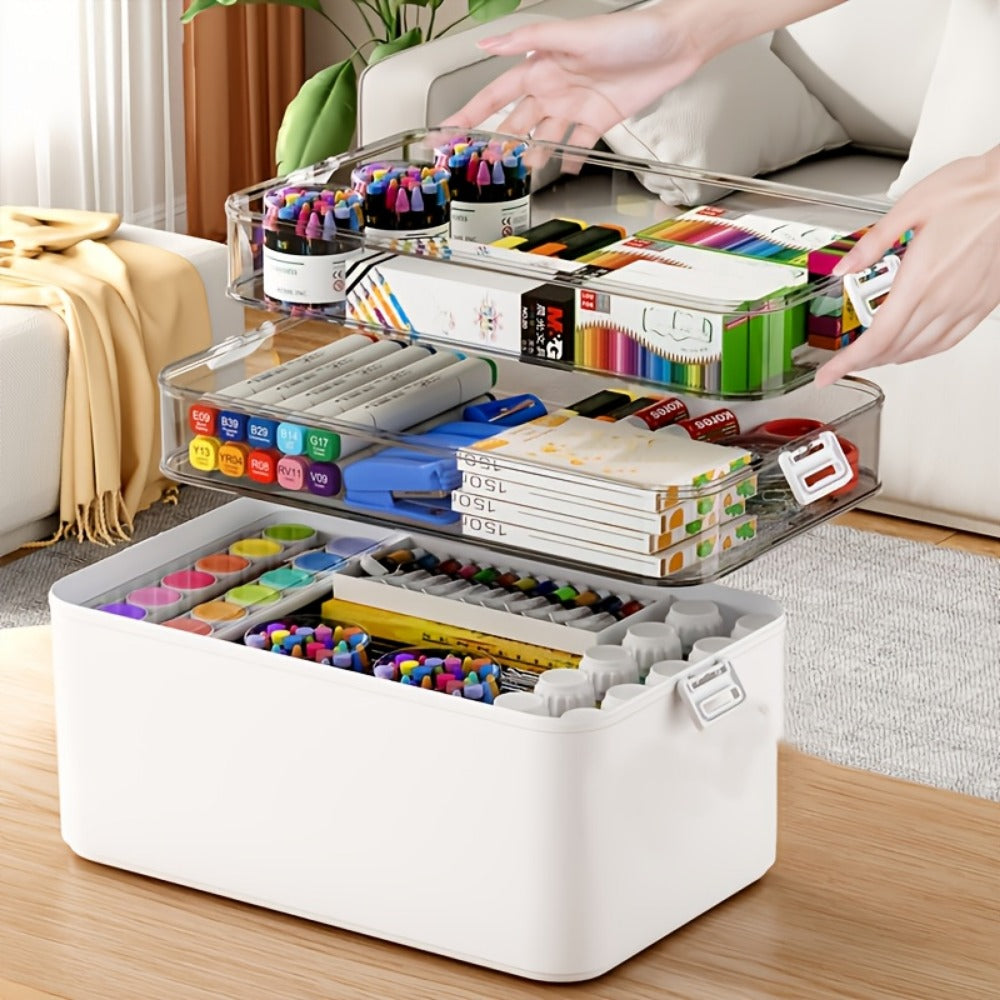 Three-Layer Clear Storage Box with Carry Handle, Lid Tray and 30 x 31 x 16.5cm Organizer Body