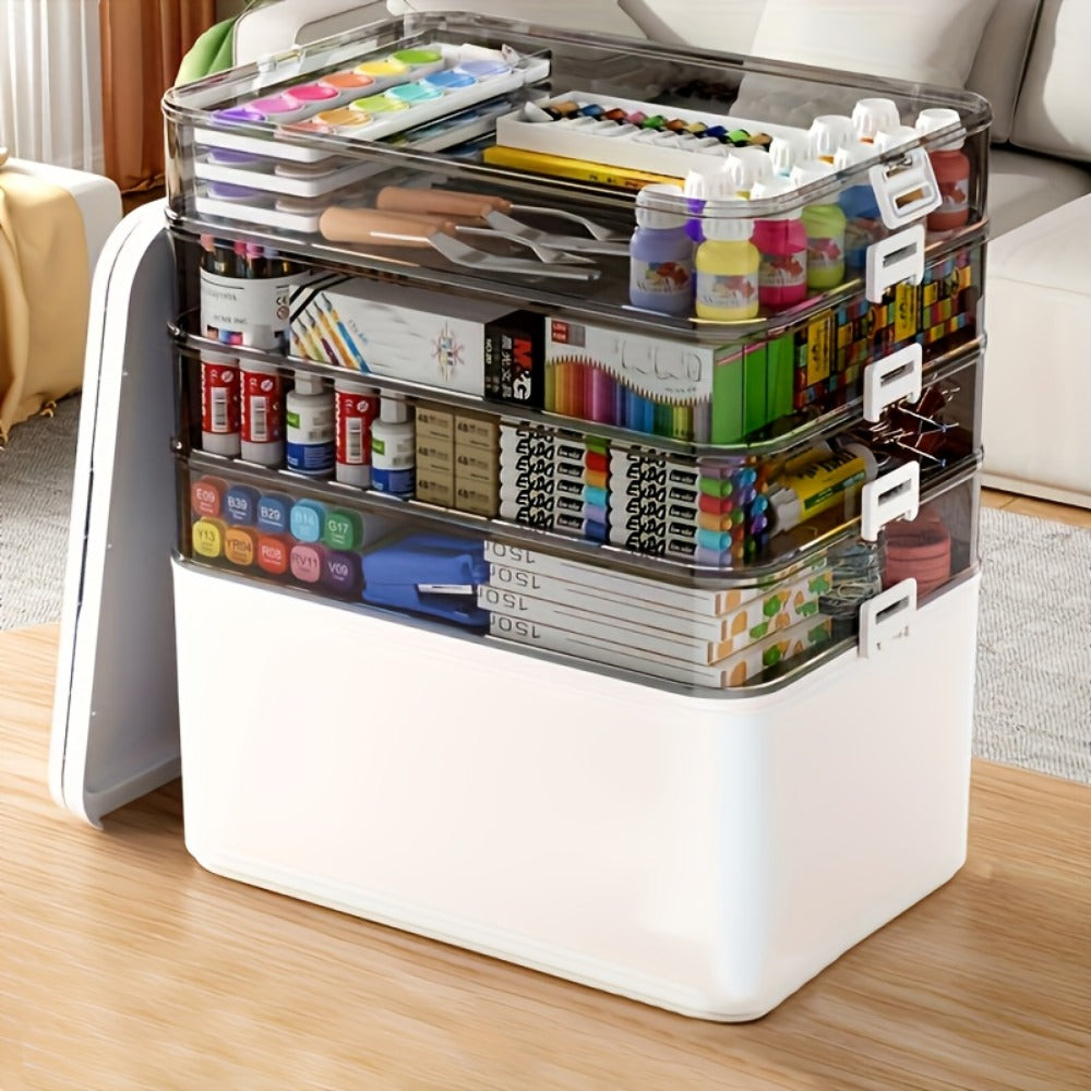 Three-Layer Clear Storage Box with Carry Handle, Lid Tray and 30 x 31 x 16.5cm Organizer Body
