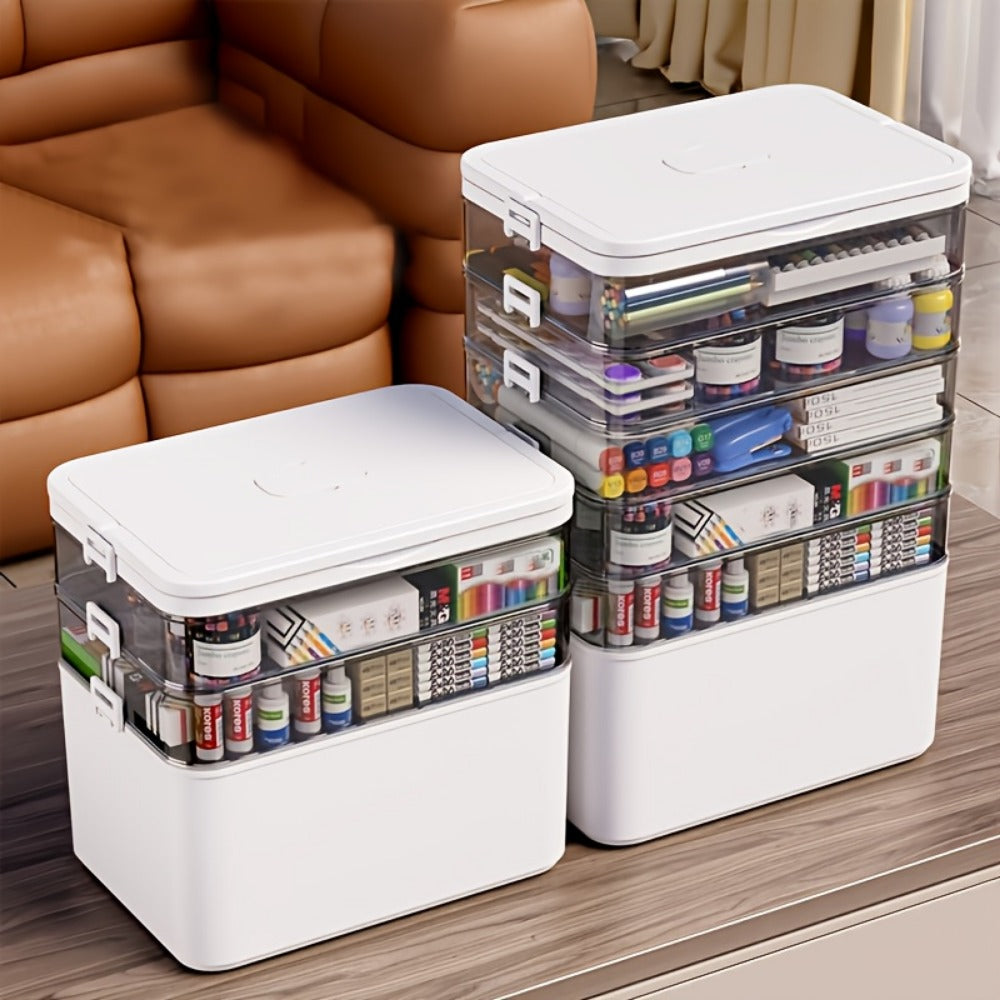 Three-Layer Clear Storage Box with Carry Handle, Lid Tray and 30 x 31 x 16.5cm Organizer Body