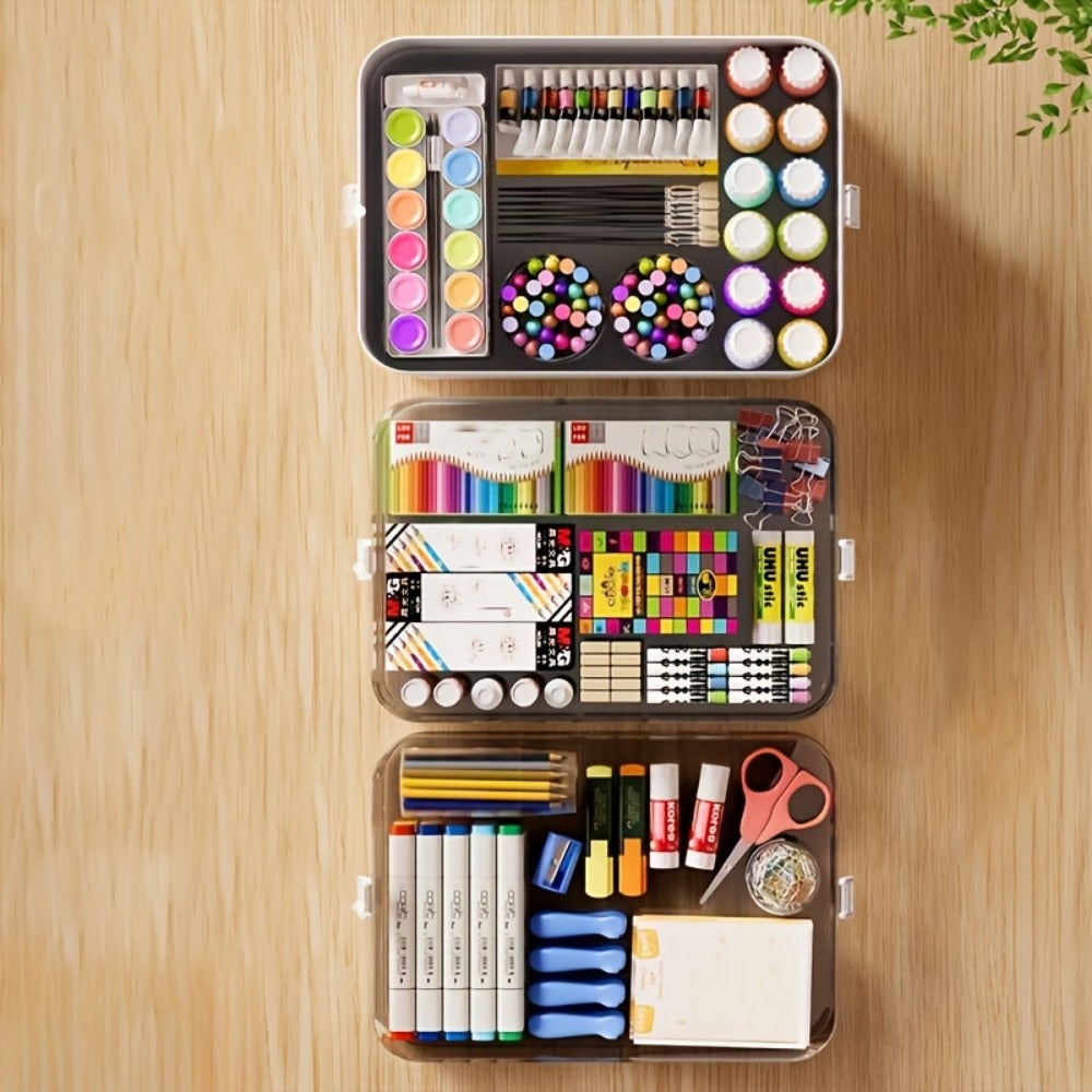 Three-Layer Clear Storage Box with Carry Handle, Lid Tray and 30 x 31 x 16.5cm Organizer Body