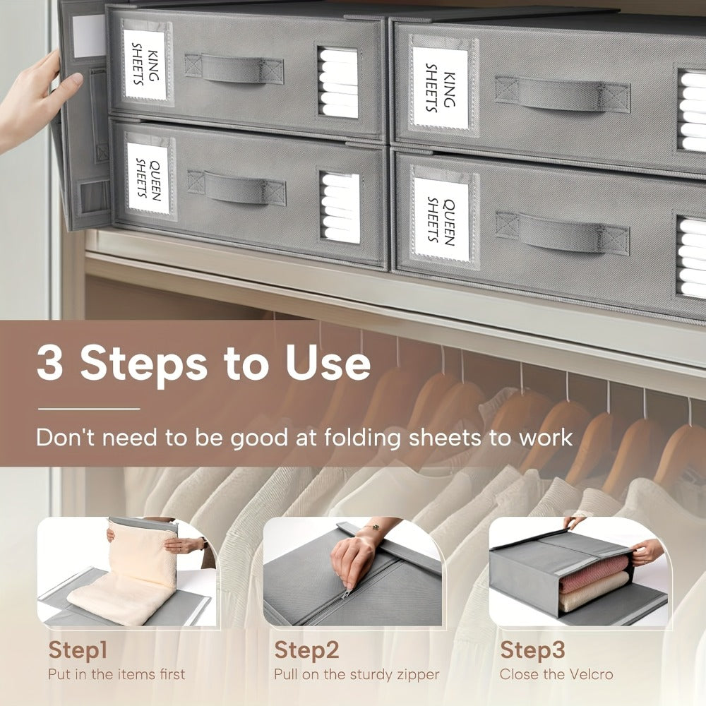 Four-Pack Bed Sheet Storage Boxes with Clear Windows, Labels and Oxford or Nonwoven Fabric Options