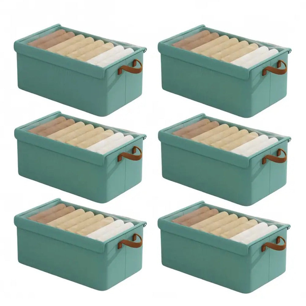 Six-Pack Foldable Fabric Storage Boxes with Clear Lids, Handles and Green, Beige or Gray Color Options