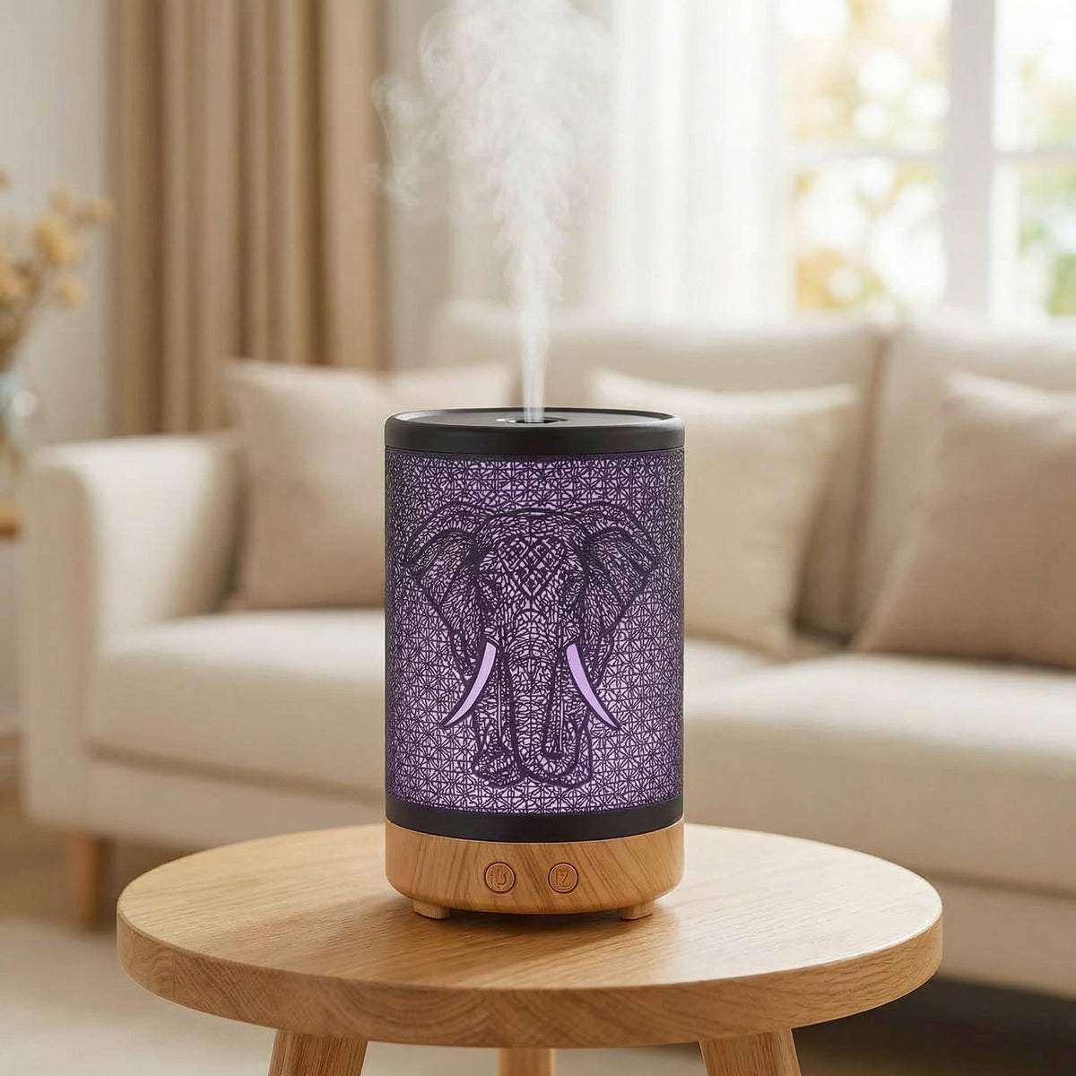 Elephant Metal Ultrasonic Humidifying Essential Oil Diffuser – 100ml, Safari Shadow Patterns, 7 LED Colors