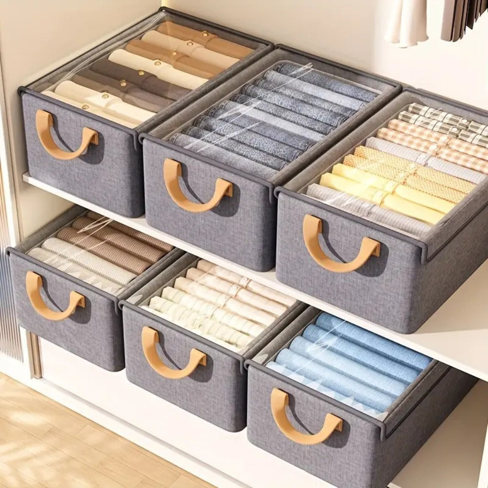 Six-Pack Foldable Fabric Storage Boxes with Clear Lids, Handles and Green, Beige or Gray Color Options