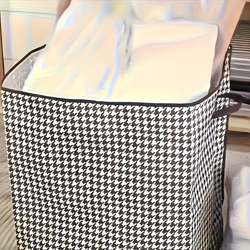 Four-Piece Houndstooth Fabric Storage Box Set with Handles, Double Zippers and Black-and-White Pattern