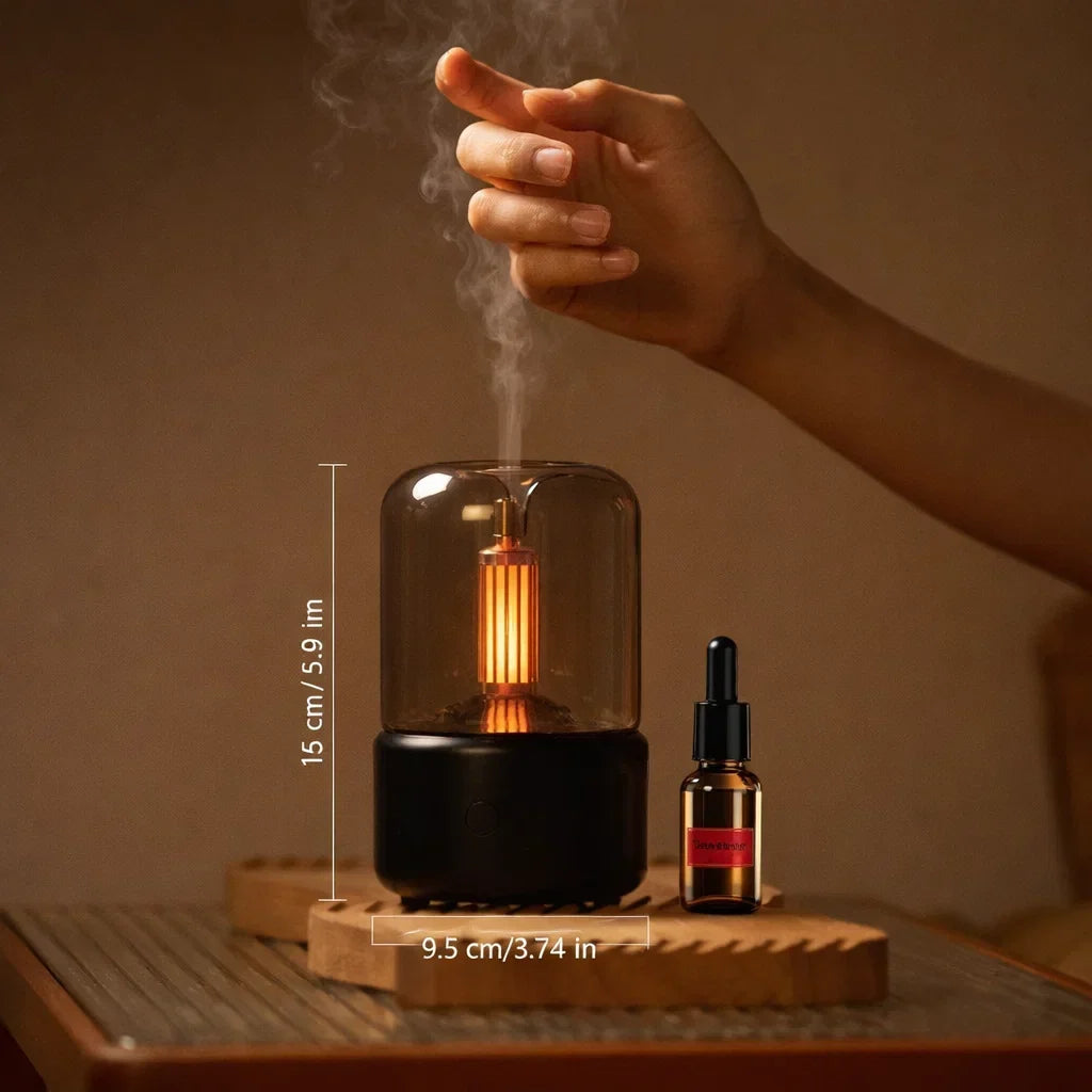 Candlelight Flame Ultrasonic Humidifying Essential Oil Diffuser – Amber Candlelight Glow, Auto Shut-Off
